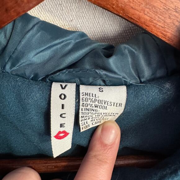 Voice Hooded Jacket Size S Teal Blue Wool Blend Lined with Pockets Warm Winter - Picture 5 of 11